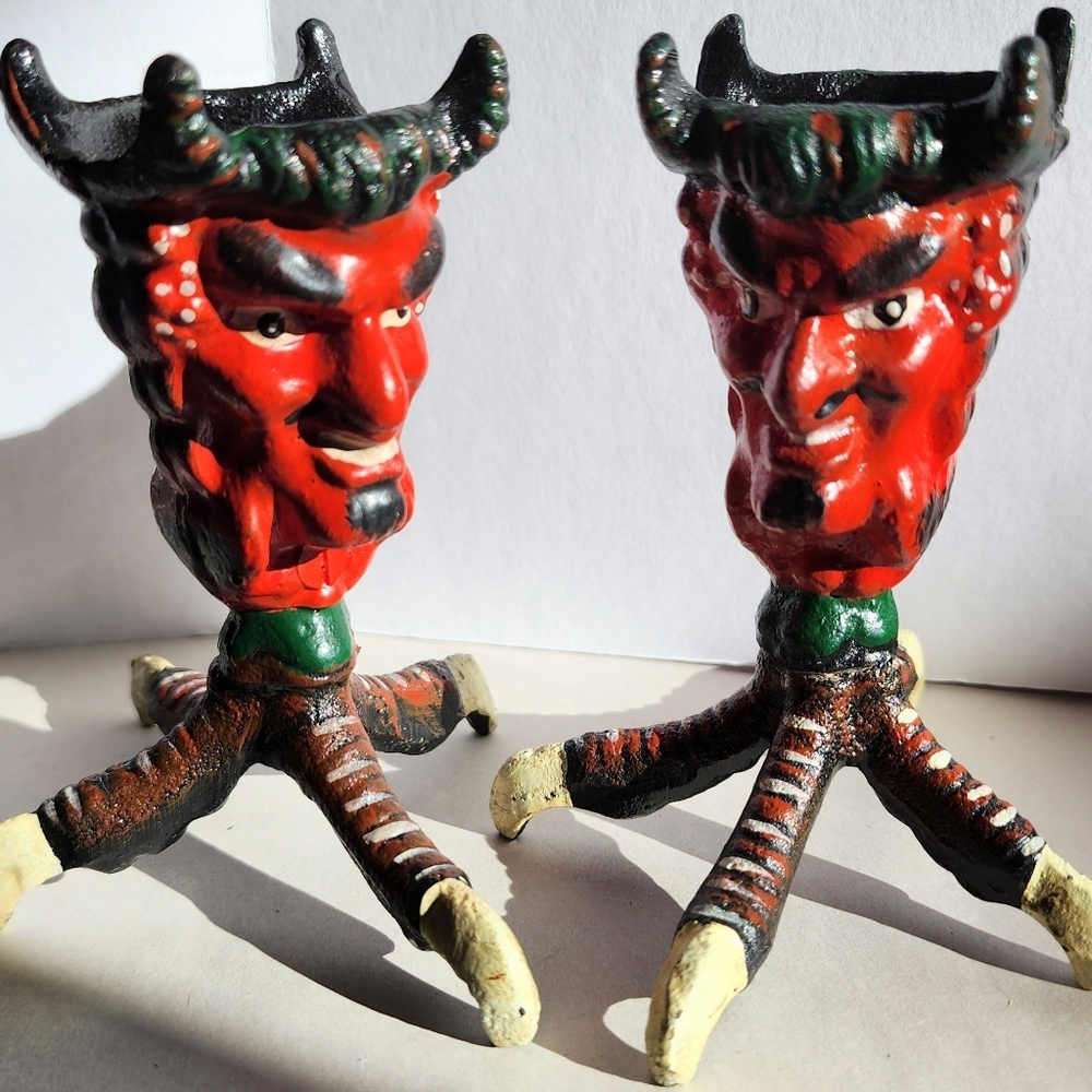Antique Cast Iron Satan/Devil Candleholders- a Pair